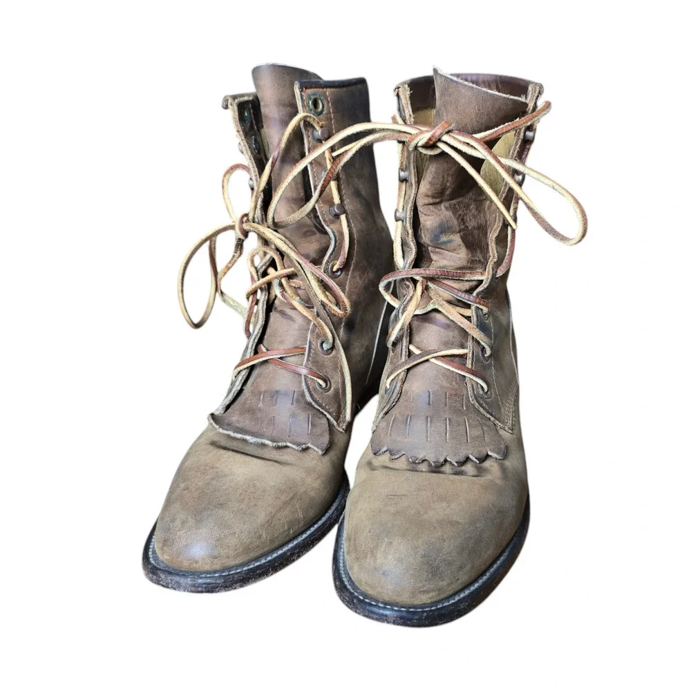 Vintage Tan Brown Leather Kilted Ankle Lace Up Boots Size 6 Justin distressed - Picture 2 of 8